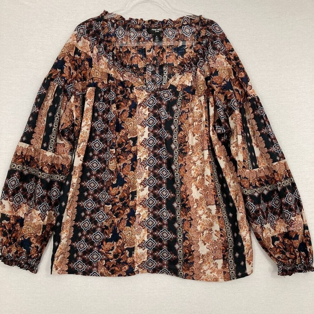 Nine West Brown Black Boho Print Ultra Soft Comfy Popover Blouse XL - Picture 2 of 10